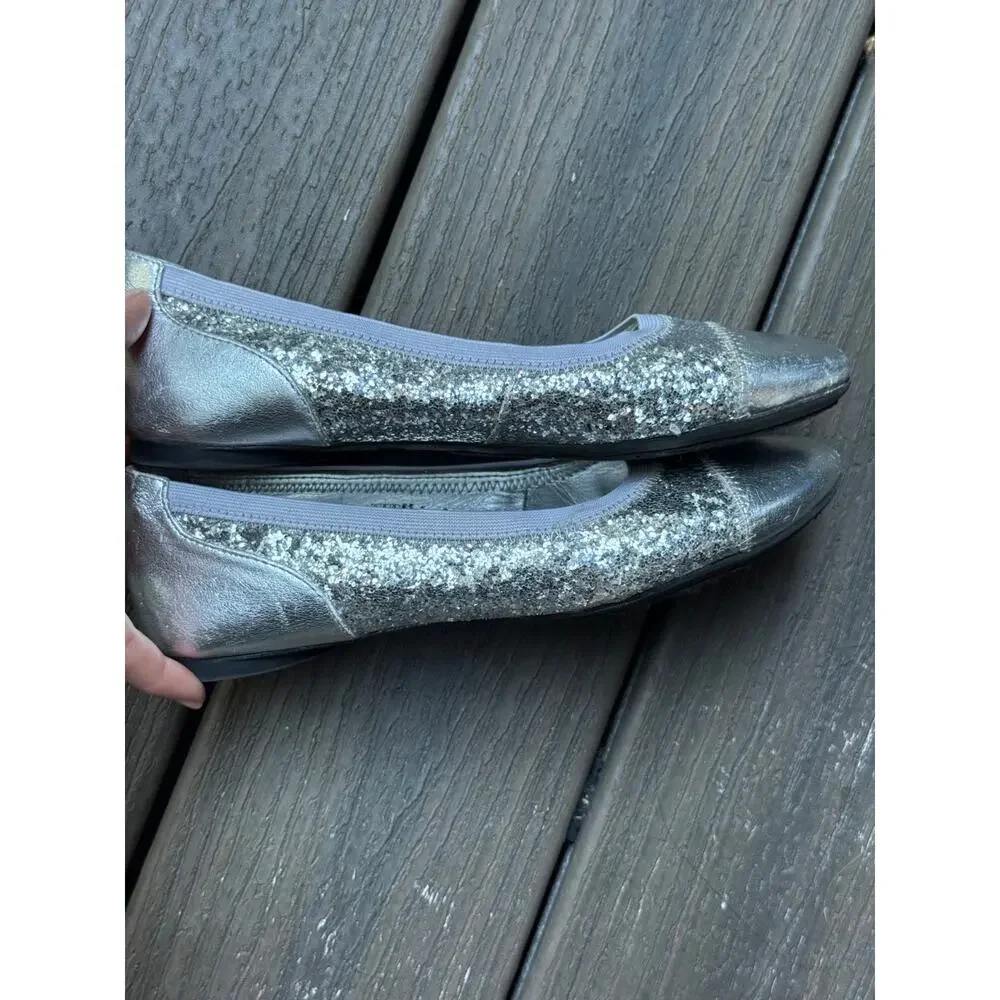 Lands’ End Girl’s US 4M Silver Sparkle Cameron Classic Captoe Ballet Flats Shoes